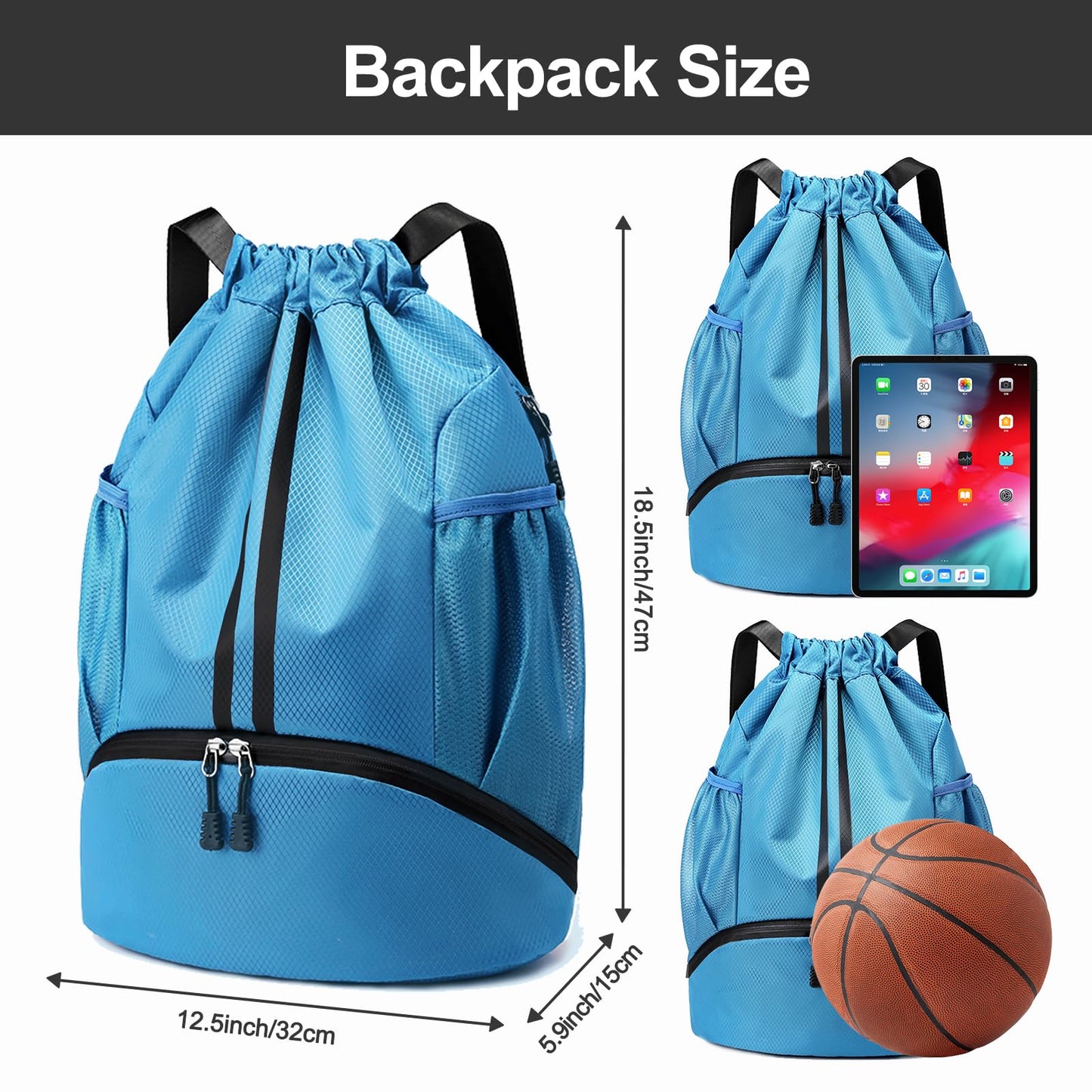 ALL4PICKLE Sports Drawstring Backpack - String Swim Gym Bag with Shoes Compartment and Wet Proof Pocket for Women&Men